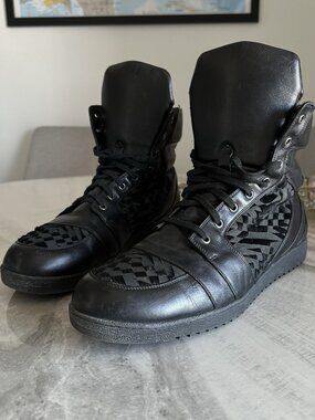 Gareth Pugh Black Leather High Top Ponyhair Trim Sneakers Boots Size 45 US12